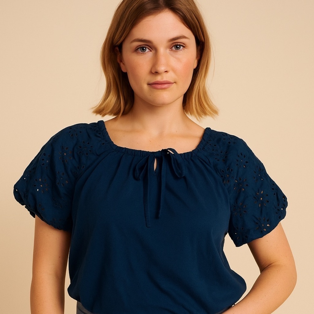 J. Crew Navy Blouse with Puff Sleeves Size M